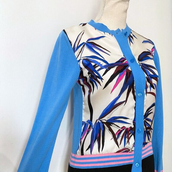 EMILIO PUCCI BLUE KNIT WHITE SATIN LEAF PRINT COMBO CARDIGAN - XS - Picture 4 of 8